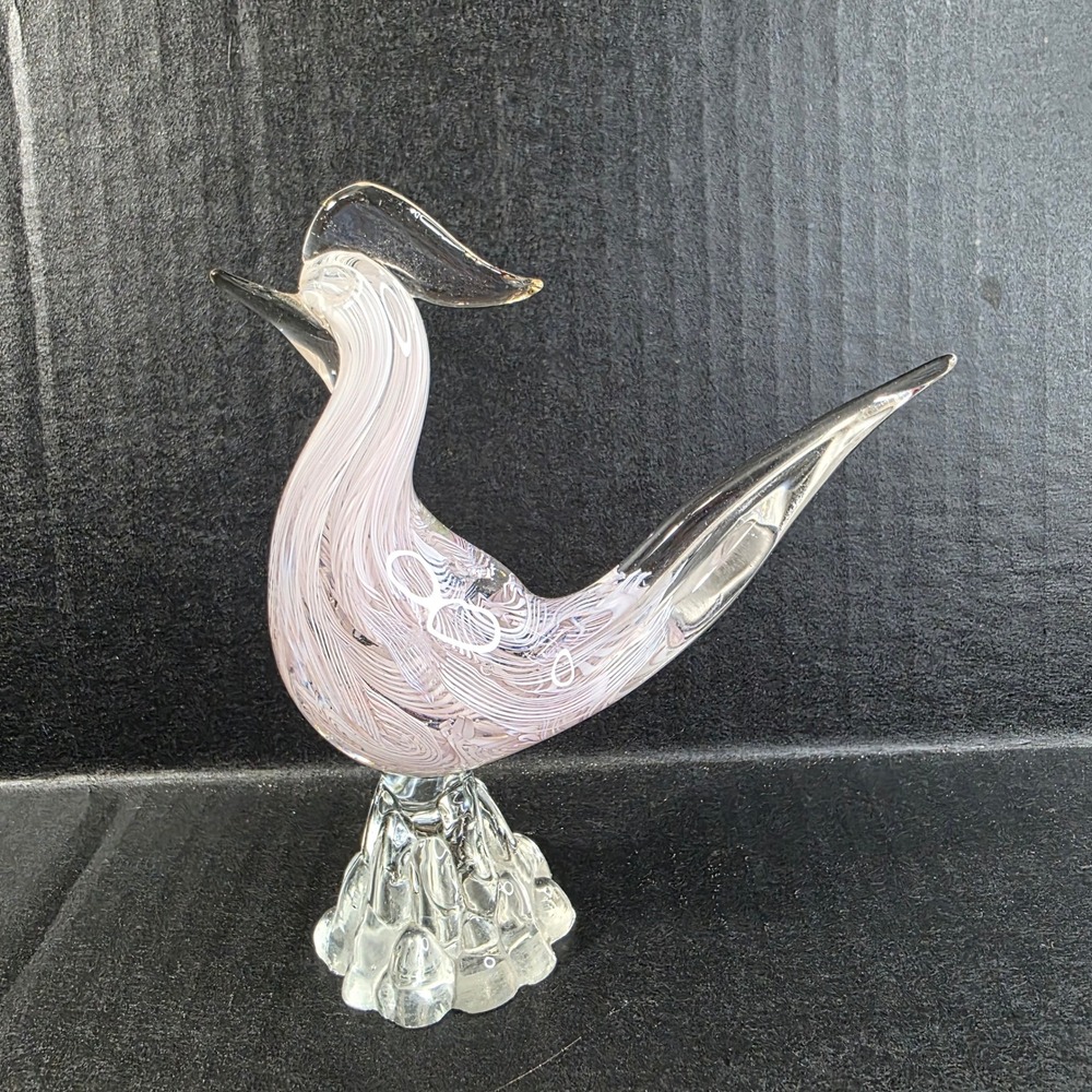 Paperweight Bird Figurine White Swirl Hand Blown Art Clear Glass Figurine Decor